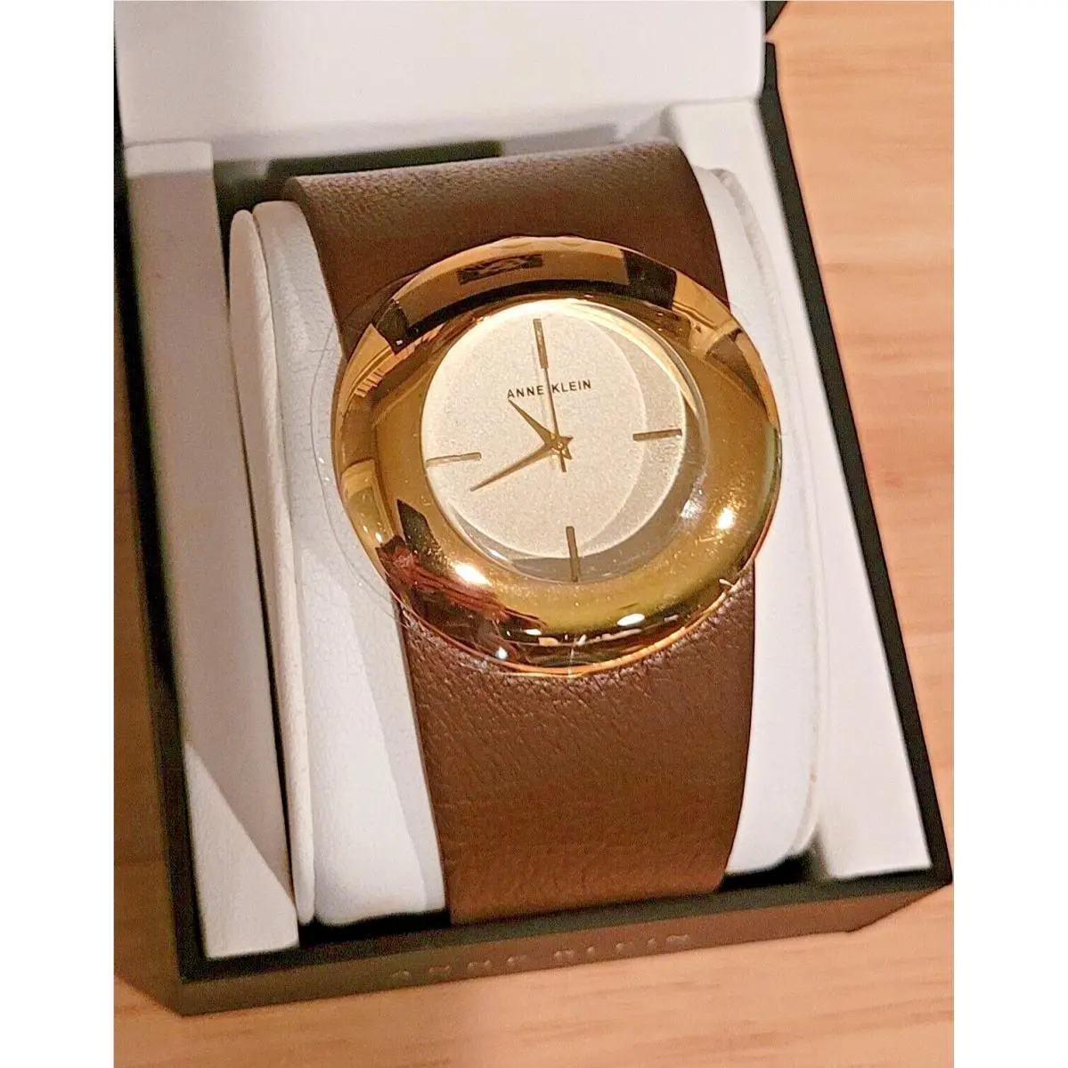 W/ Box  Studio Collection Wide Leather Strap Gold Tone Dial Watch by Anne Klein
