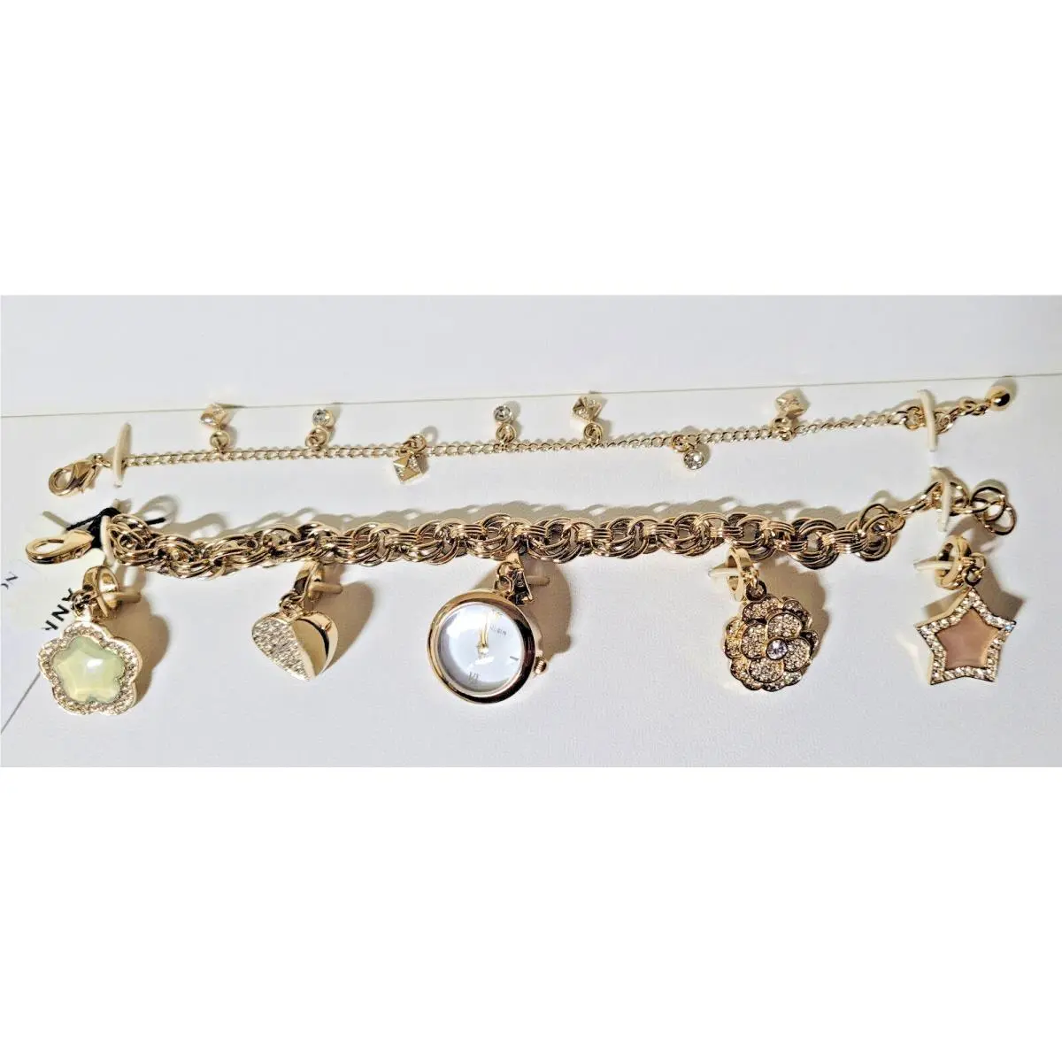 Vintage Style Gold Plated 4Large 7Small Charms Bracelet Watch Set by Anne Klein