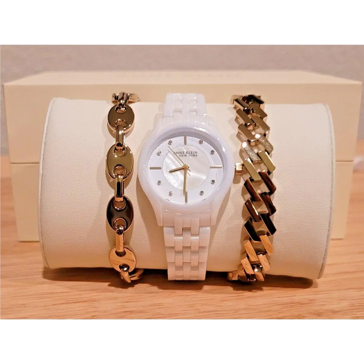 White Woven Ceramic Bracelet Set Women`s In-fashion Wristwatch by Anne Klein