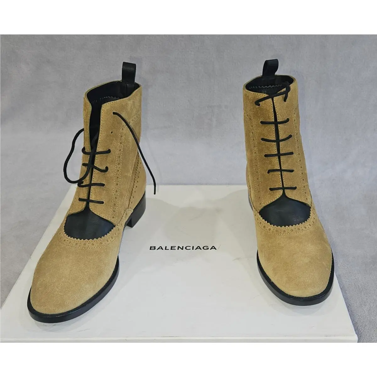 Khaki Suede Black Leather Brogue Ankle Boots EU 38.5 Box Bag by Balenciaga