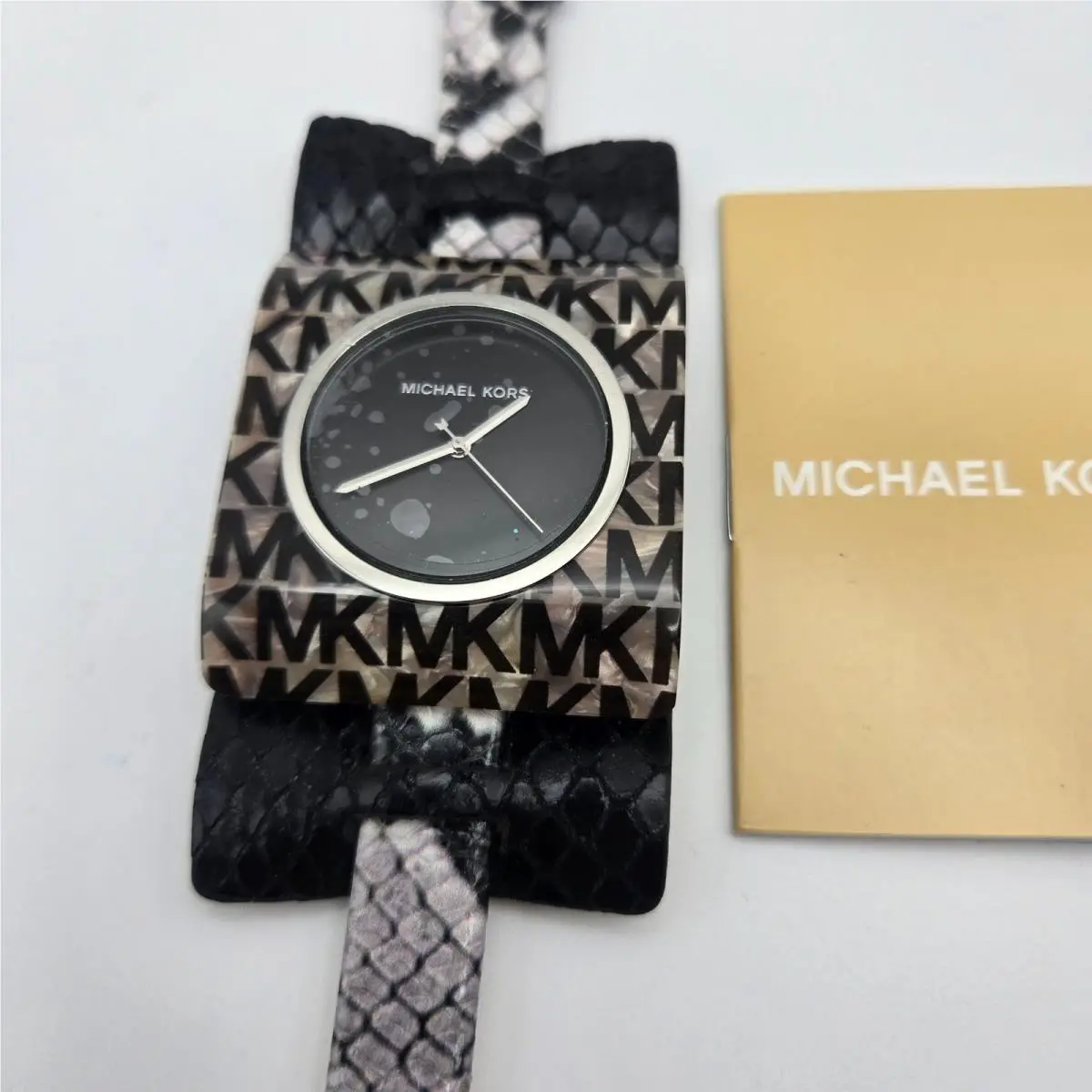Michael Kors Womens MK Logo Watch Snake Embossed Leather Strap