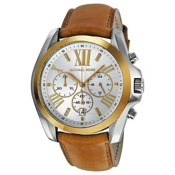 Michael Kors Bradshaw 2 Tone Tan Brown Leather Roman Date Chrono Watch MK5629