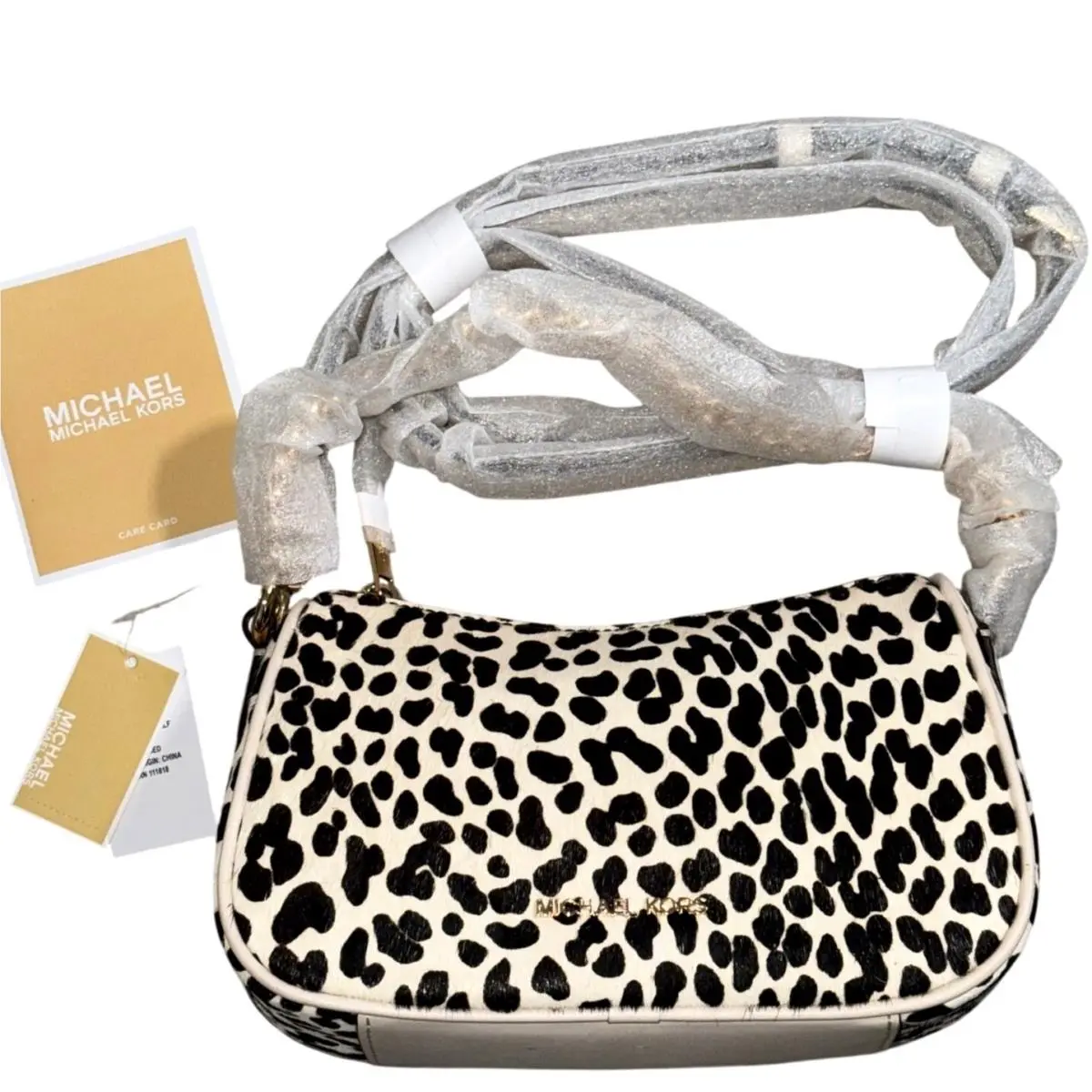 Michael Kors Carmela Small Pouchette Crossbody Leather Calf Hair Lt Cream