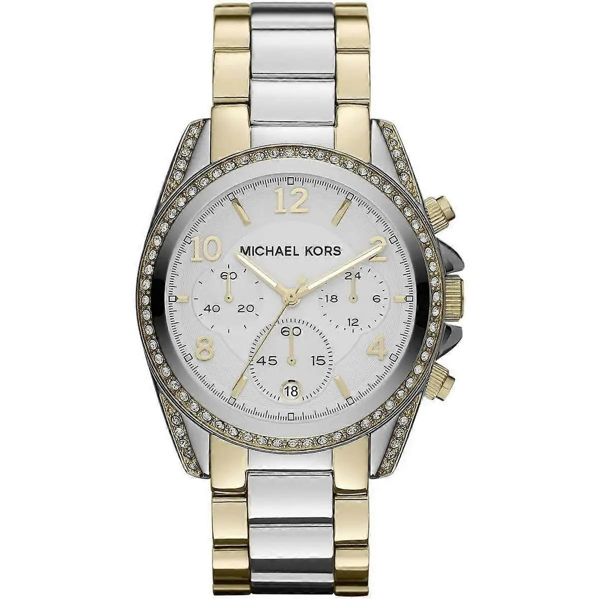 Michael Kors Blair Gold Silver 2 Tone S/steel Chrono Crystals Date Watch MK5685