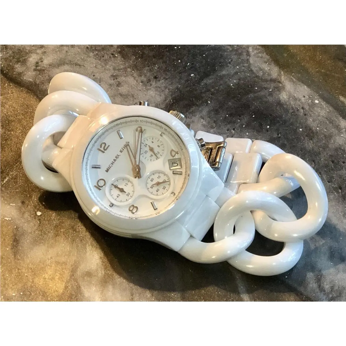 Nos Stunning Early Michael Kors White Ceramic Chain Link Bracelet Watch