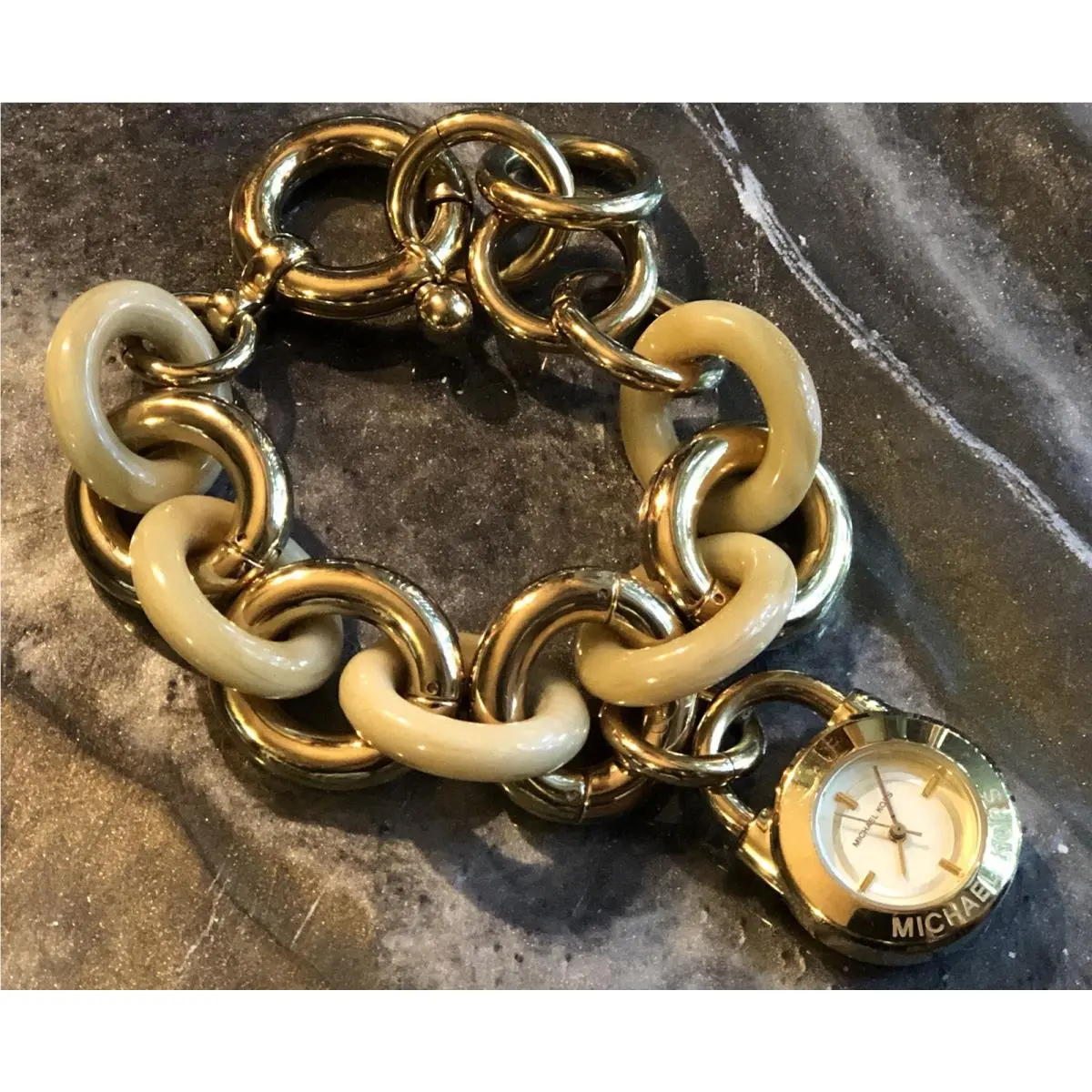 Nos w/ Box Vintage Michael Kors Gold Chain Link Charm Bracelet Watch