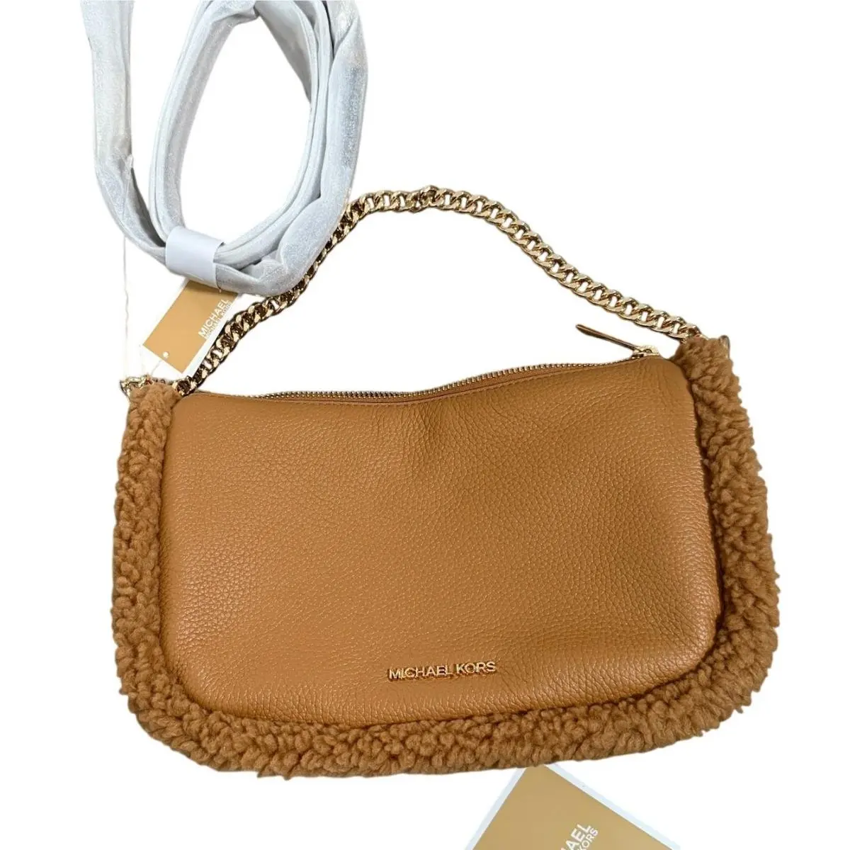 Michael Kors Carmela Med Pouchette Crossbody Leather Shearling - Deer Tan