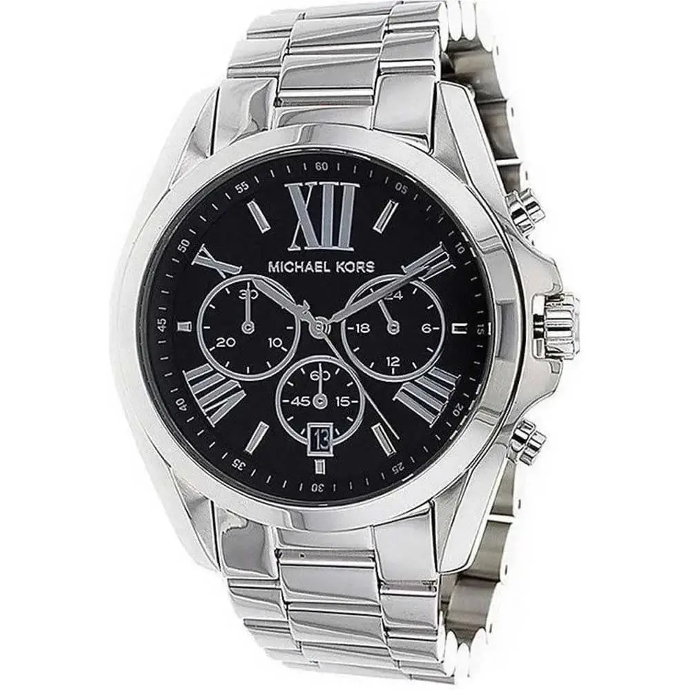 Michael Kors Bradshaw Silver Black Roman Numeric Dial Date Chrono Watch MK5705 - Dial: Black, Band: Silver