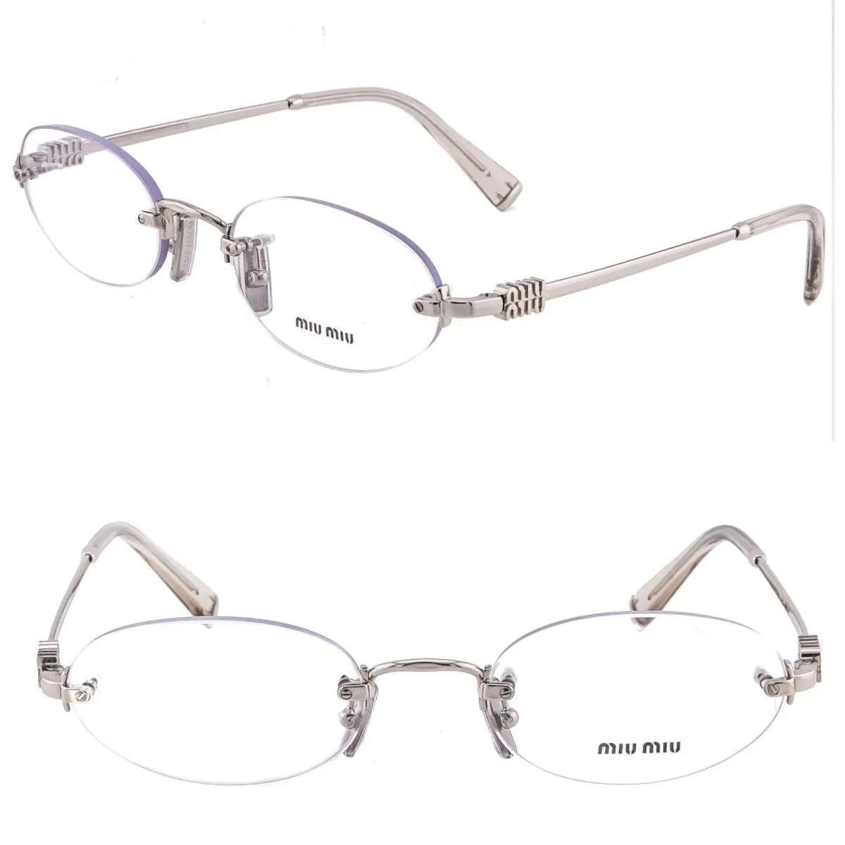 Miu Miu 53WV Logo MU53WV Silver Oval Metal Rimless Eyeglasses Optical Frame 51mm