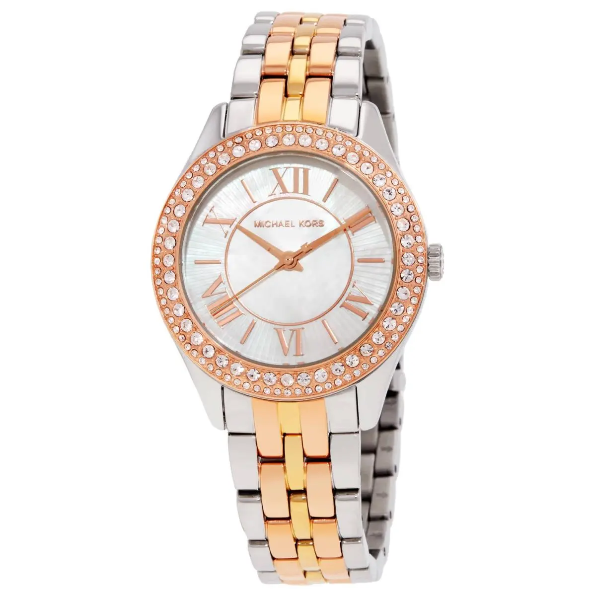 Michael Kors Mini Harlowe Pave Tri-tone Quartz Silver Dial Watch MK4846 - Silver, Dial: Silver, Band: Tri-tone (Silver-tone, Rose Gold-tone and Gold-tone)