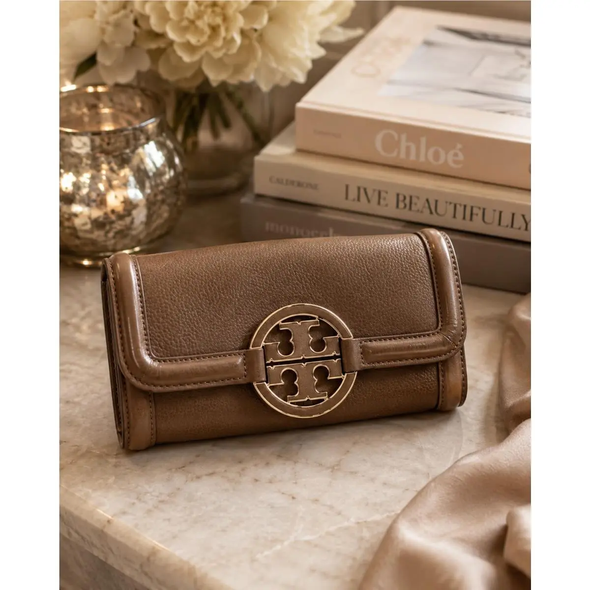 Tory Burch Amanda Wallet Royal Tan Leather Clutch Gold Logo