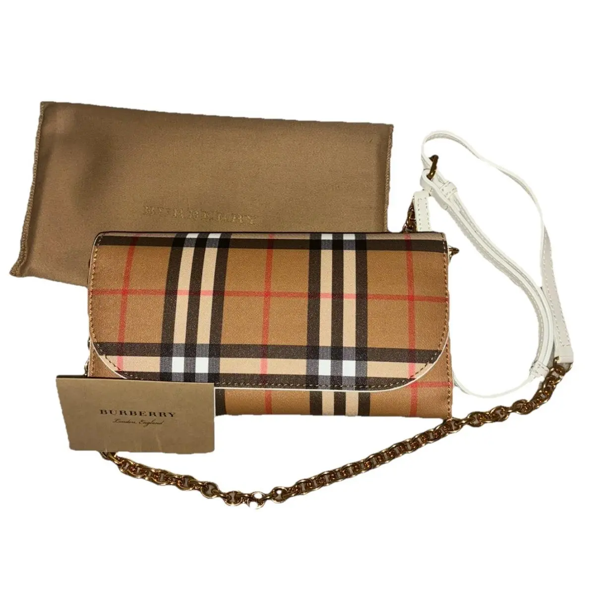 Burberry Wallet On A Chain Chalk White Vintage Check Henley Crossbody 8.5x5