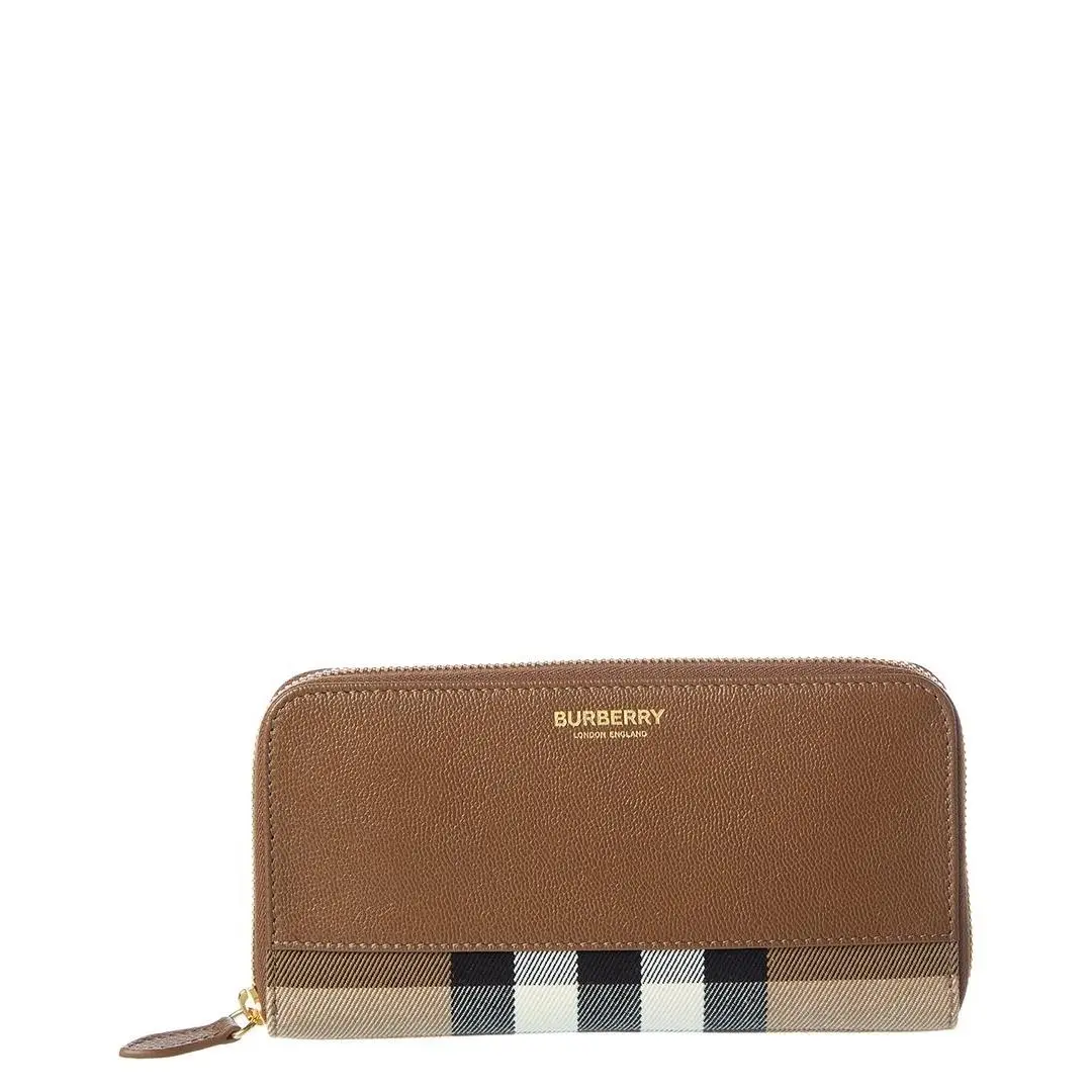 Burberry Check Canvas Leather Zip Around Wallet Women`s Brown