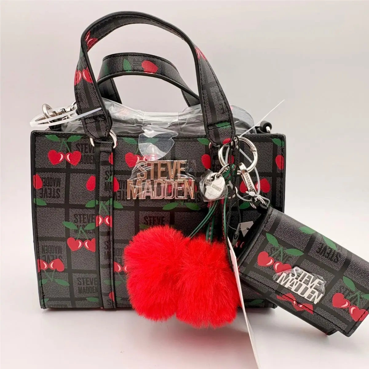 Steve Madden Bjune Blivionia Cherry Print Tote Bag Matching Wallet Pom Pom Charm