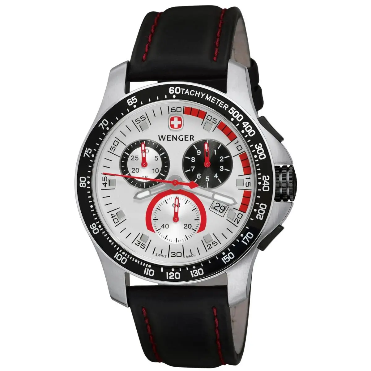 Chronograph Silver Dial Date Black Leather Strap Men`s Watch 70791 by Wenger