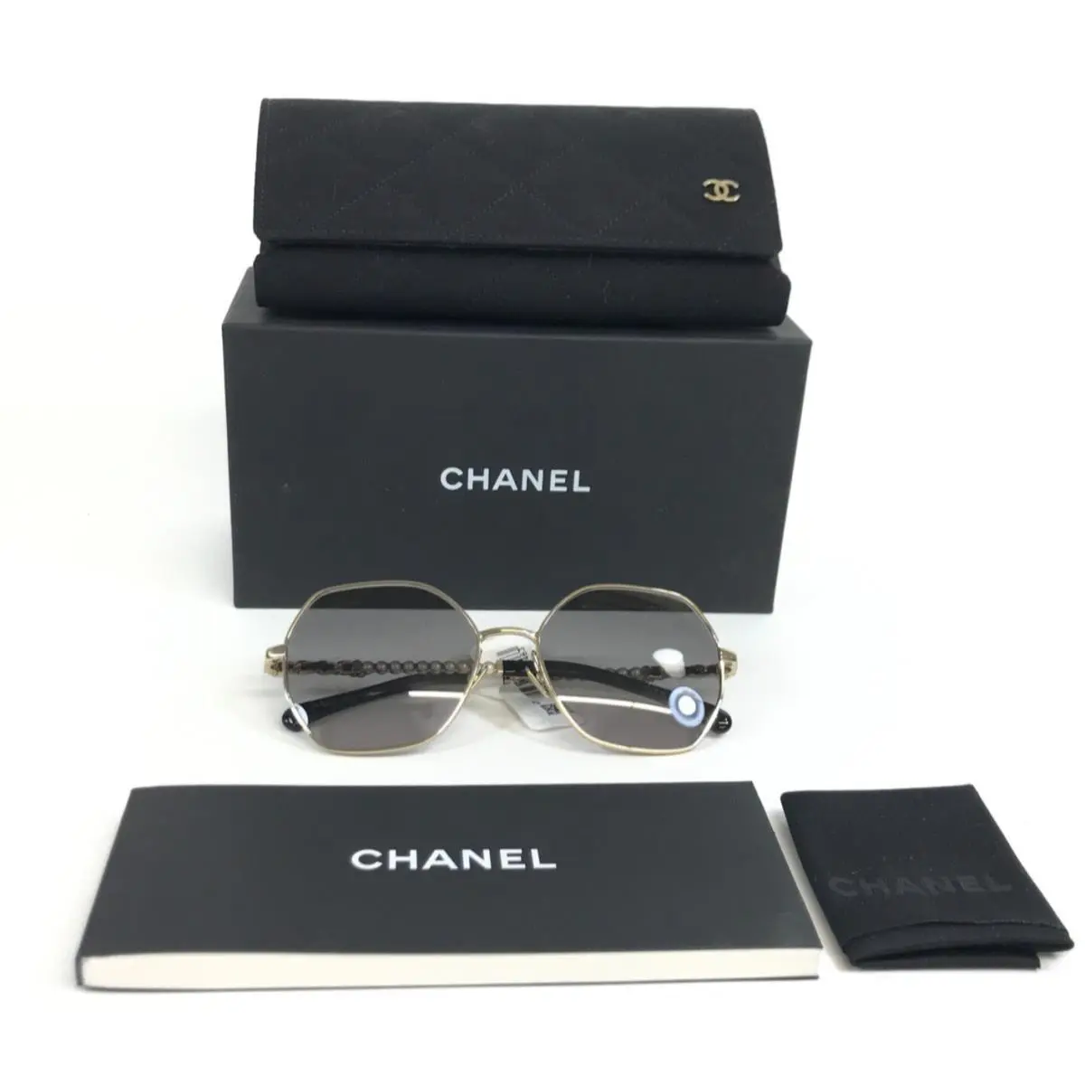Chanel Sunglasses 4281-Q-H c.395/M3 Gold Hexagonal Woven Black Leather w/ Pearls