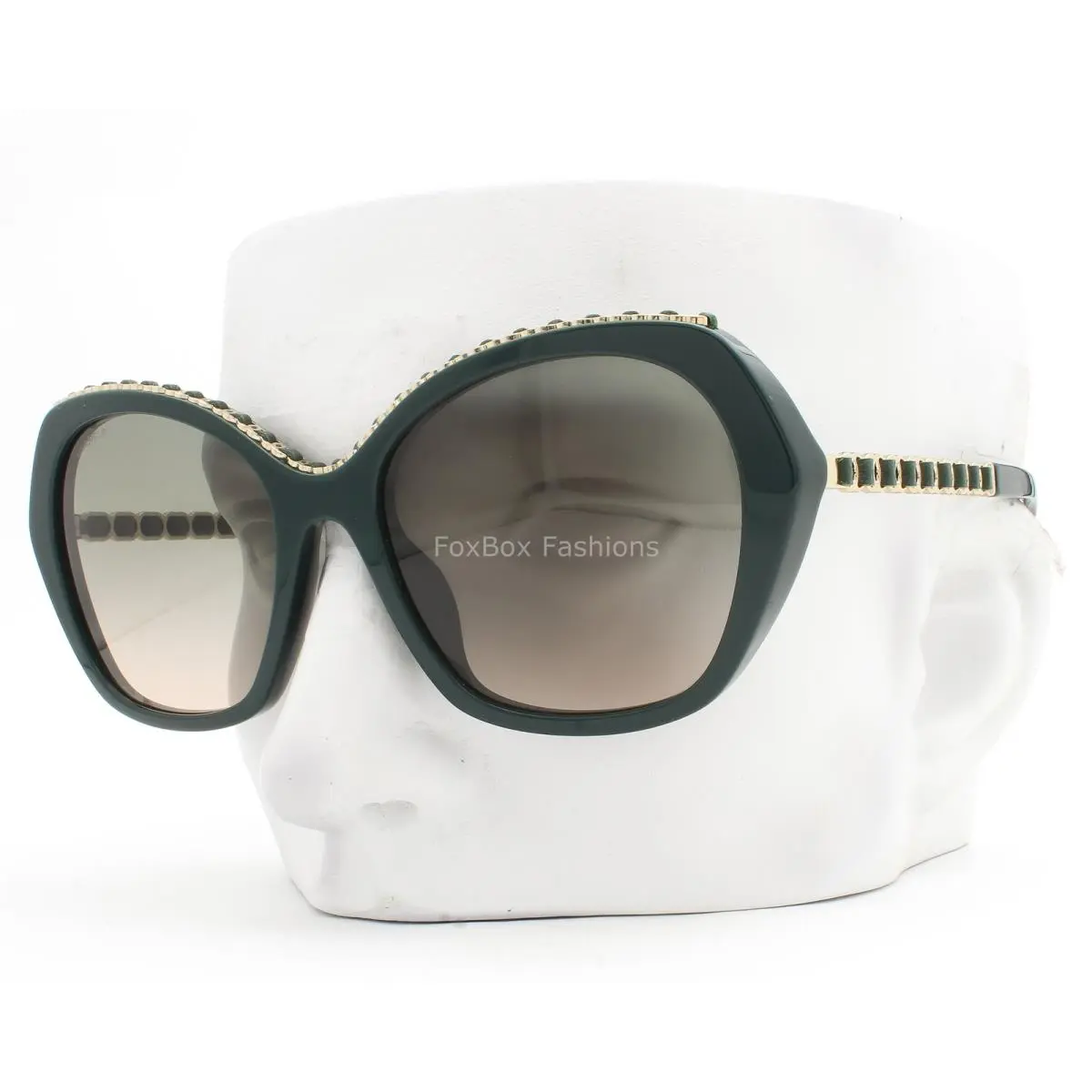 Chanel Sunglasses Green Pale Gold CC Logo Chain Trim ch5547QA 1459/S3 with Case