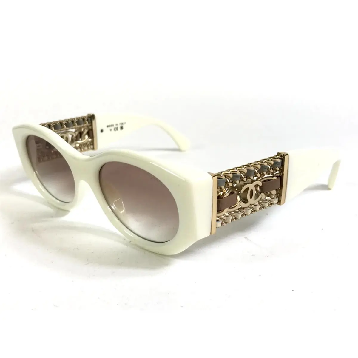 Chanel Sunglasses 5536-Q-A c.1255/13 Ivory Gold Woven Leather with Brown Lenses