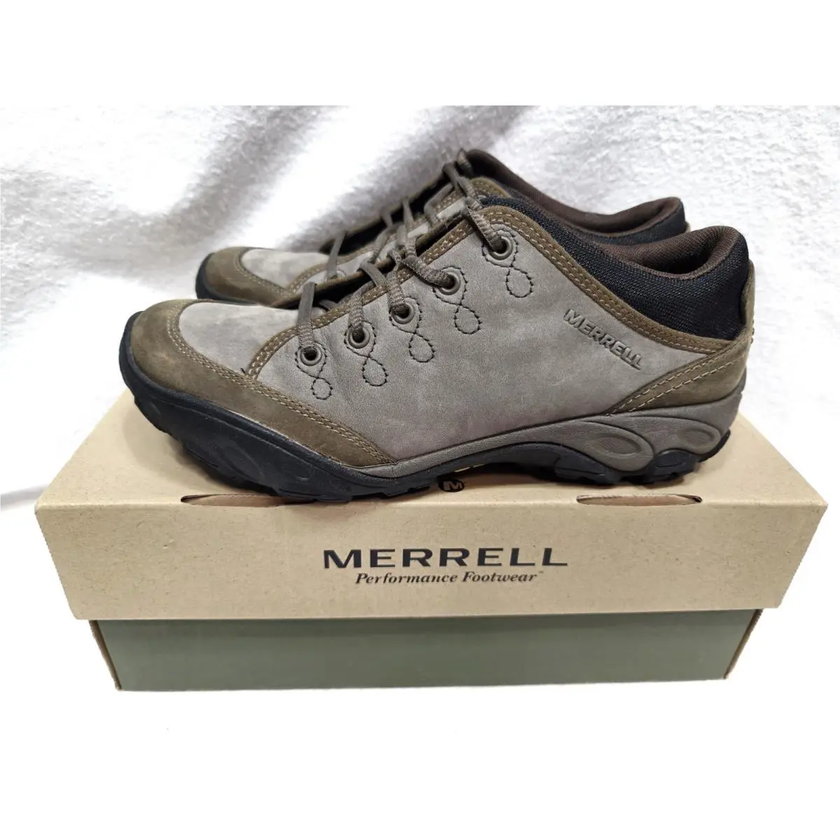 Merrell Quartz Brindle SZ 7.5 Brown Gray Leather Hiking Boot Shoes Vibram