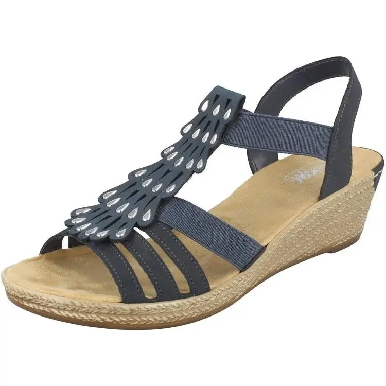 Rieker Women`s 62436-14 Open Toe Blue Leather Platform Heel Casual Sandal -stock