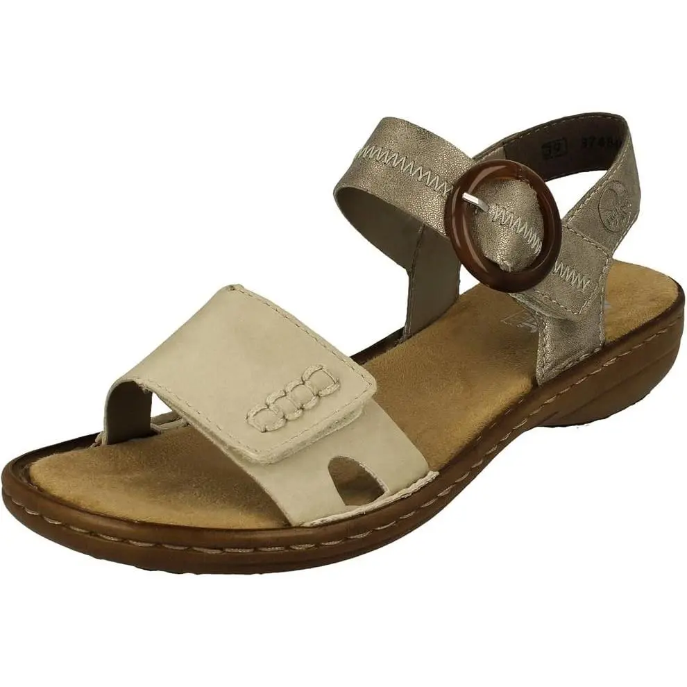 Rieker Women`s 608Z3-60 Round Toe Beige Textile Hook Loop Sandal - Stock