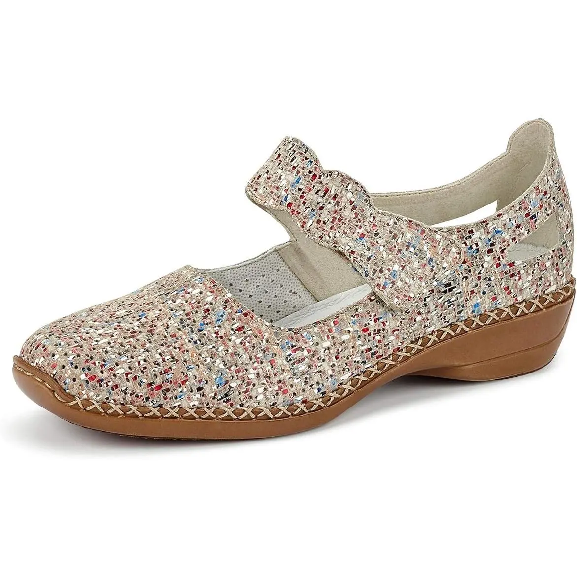 Rieker Women`s 413J2-60 Round Toe Beige Printed Suede Spring Mary Jane - Stock
