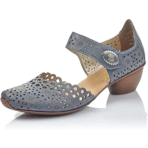 Rieker Women`s 43753-12 Block Heel Blue Leather Hook Loop Mary Jane - Stock