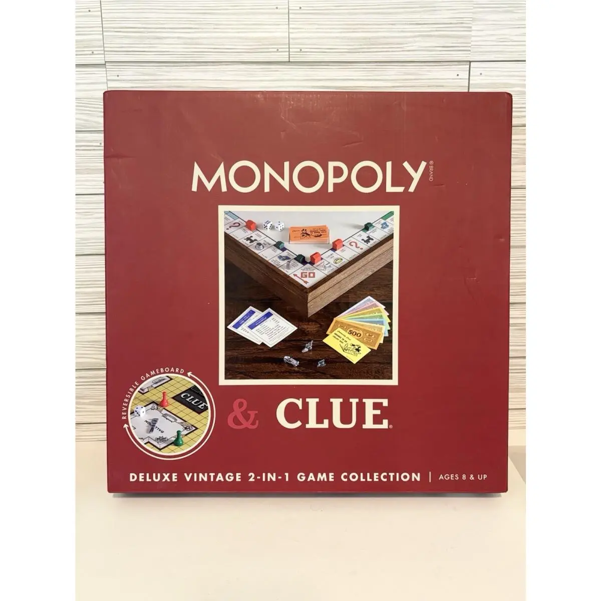 Monopoly Clue Deluxe Vintage 2-in-1 Game Collection Wood Reversible Board