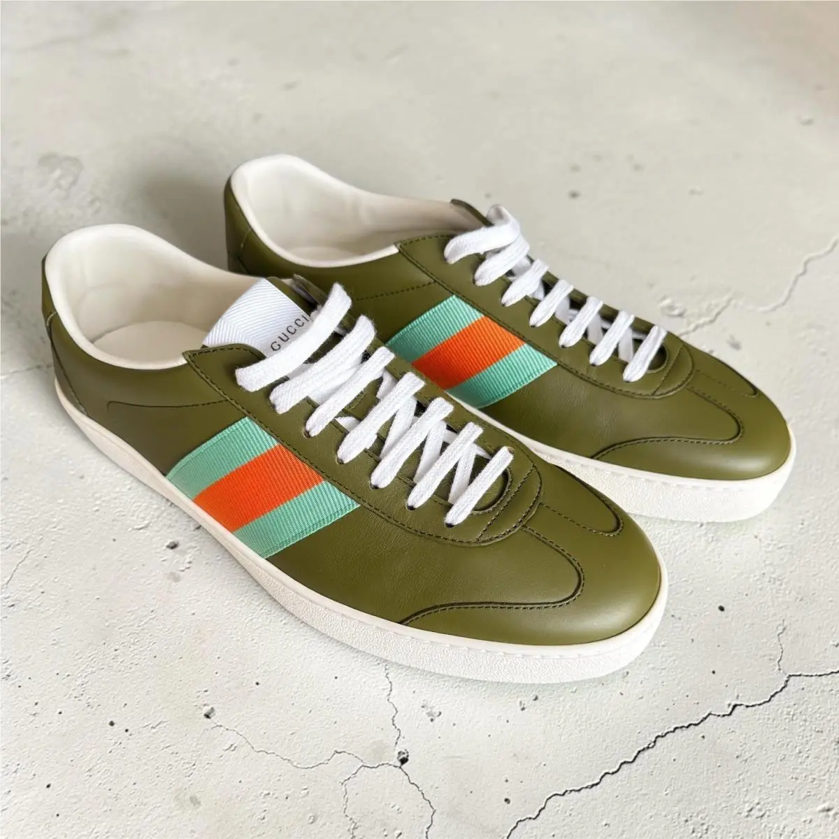 G74 Leather Sneakers Web Stripe Olive Green Blue Orange 858981 Men`s UK 9 by Gucci