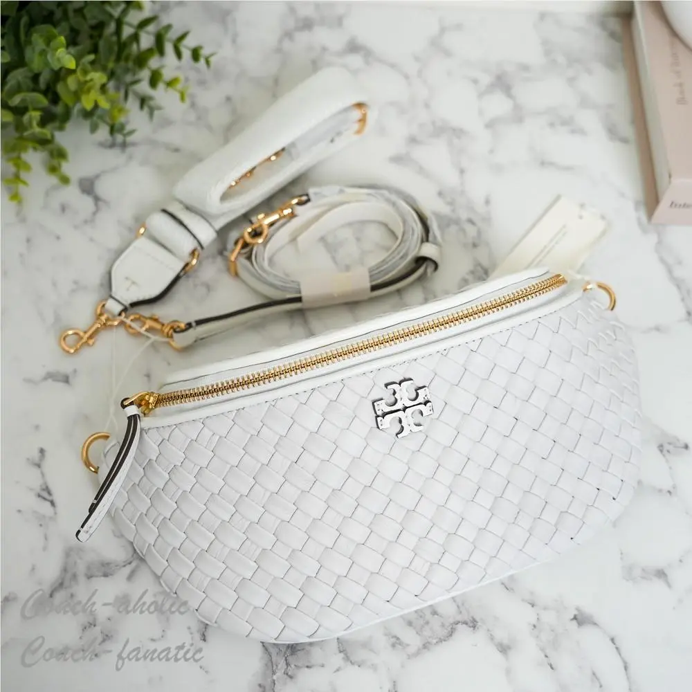 Tory Burch Thea Woven Belt Bag in White Leather