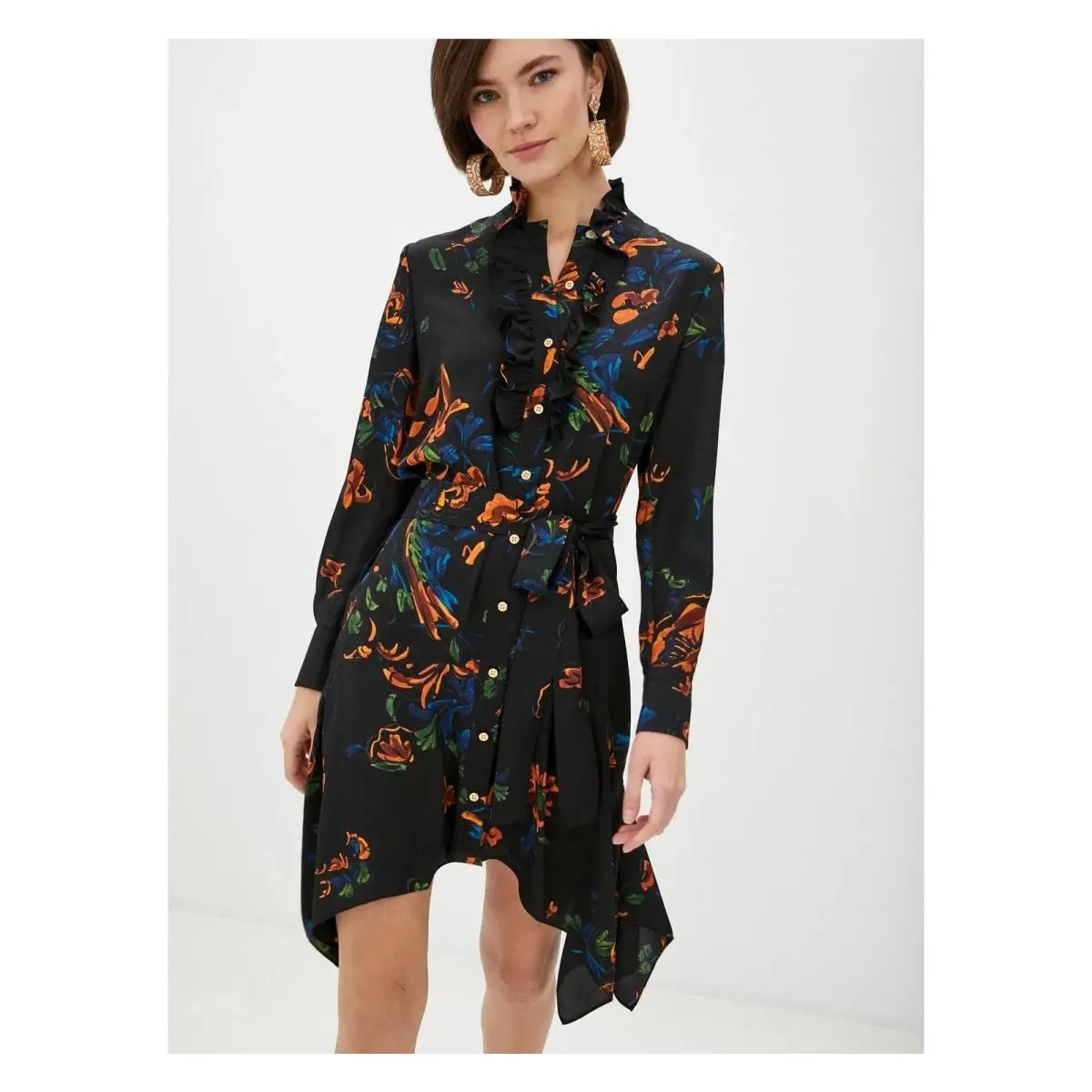 Cora Ruffled Belted Dress Size 14 Black Floral Print Asymmetrical Hem by Tory Burch