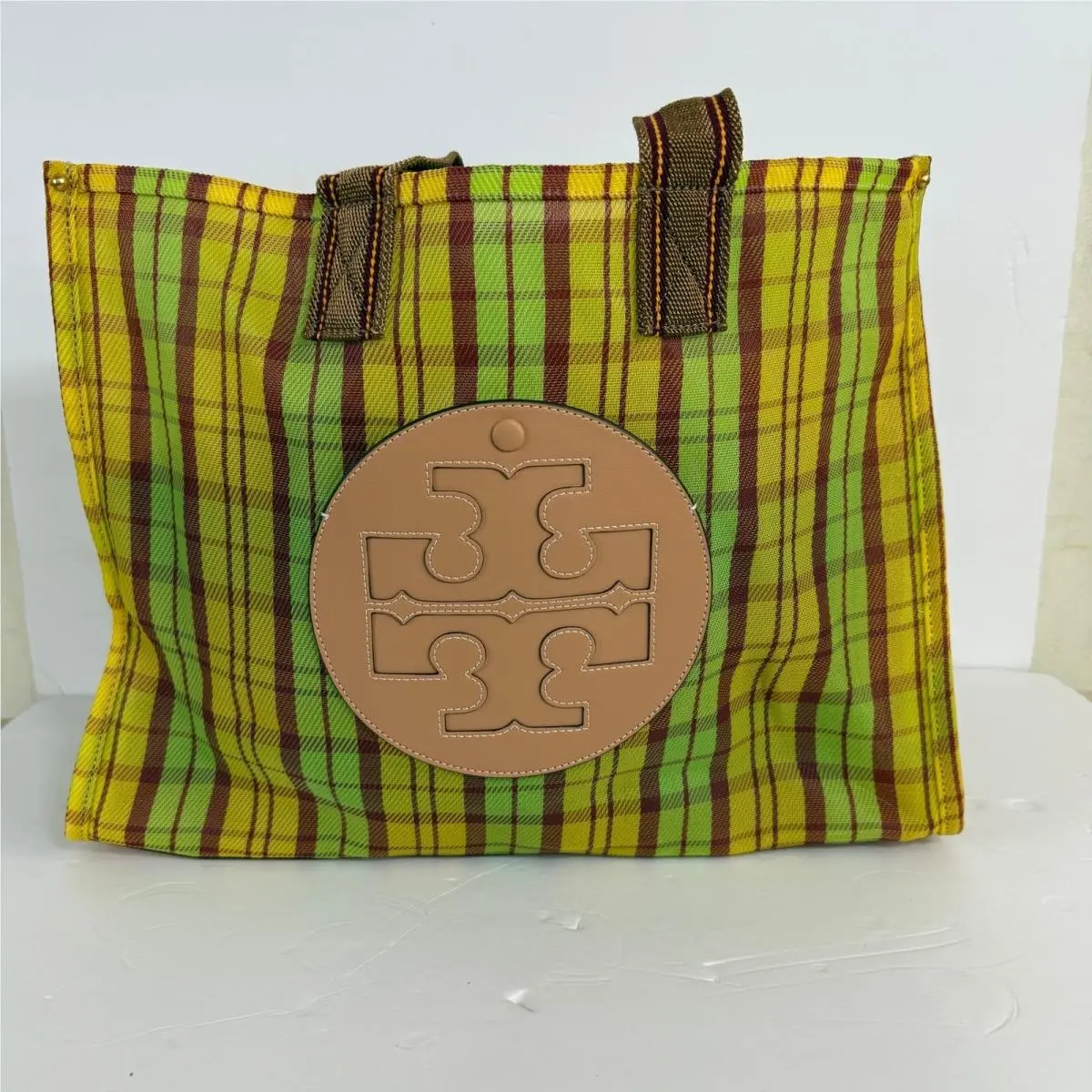 Tory Burch Ella Mesh Market Tote Green Yellow Mercado Plaid Bag 82706