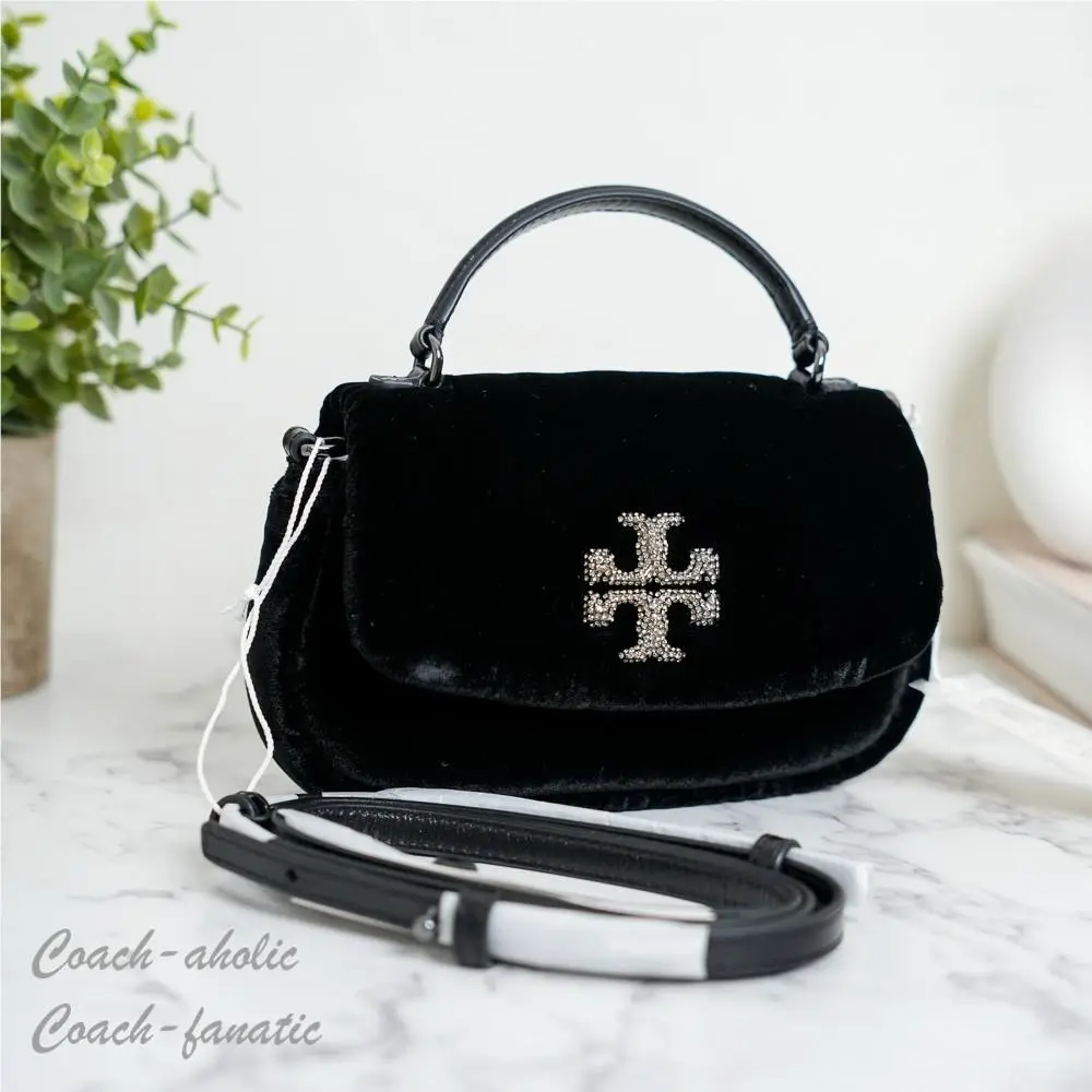 Tory Burch Britten Velvet Puffy Mini Top Handle Satchel Crossbody in Black