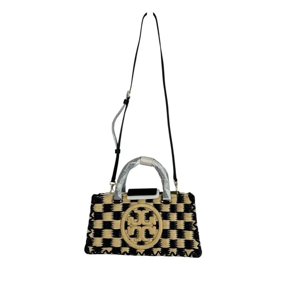Ella Hand-crocheted Checkered E/w Top Handle Black/natural Purse by Tory Burch