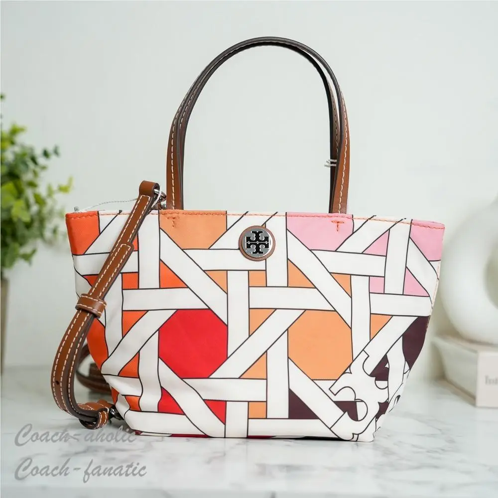 Nylon Printed Mini Tote in Pink / Red Basketweave by Tory Burch