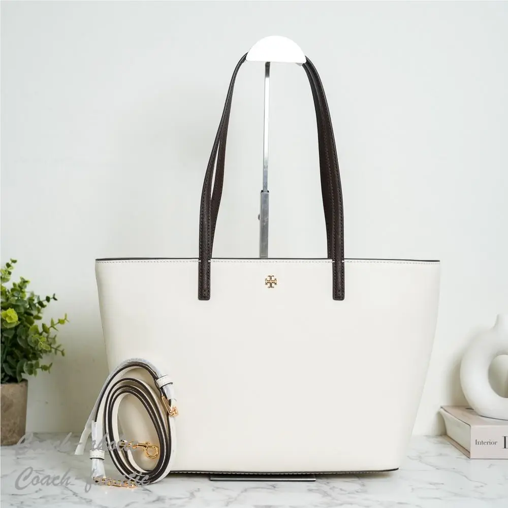 Tory Burch Top Zip Color-block Small Tote in Cold Brew/light Cream