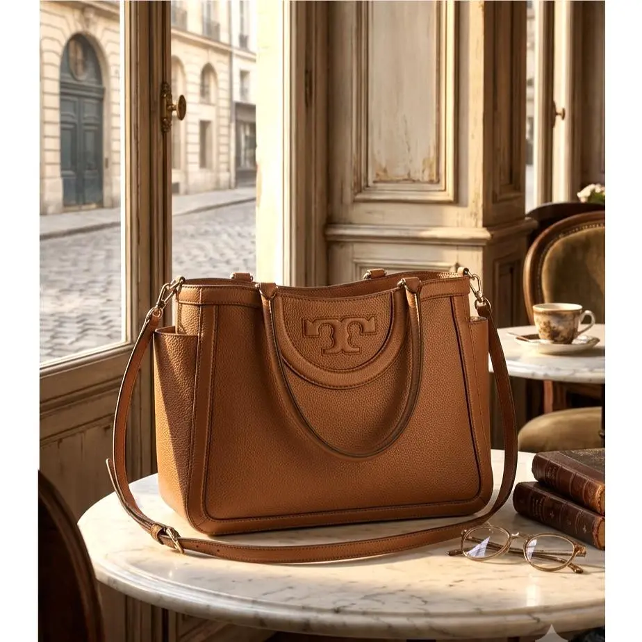 Serif T Bark Tan Pebbled Leather Large Satchel/tote Bag/crossbody Bag by Tory Burch