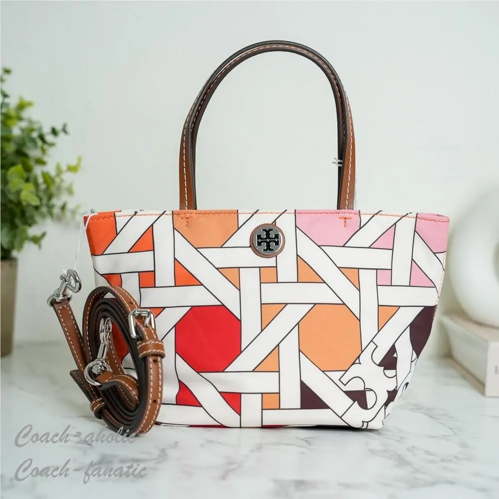 Tory Burch Nylon Printed Mini Tote in Pink / Red Basketweave