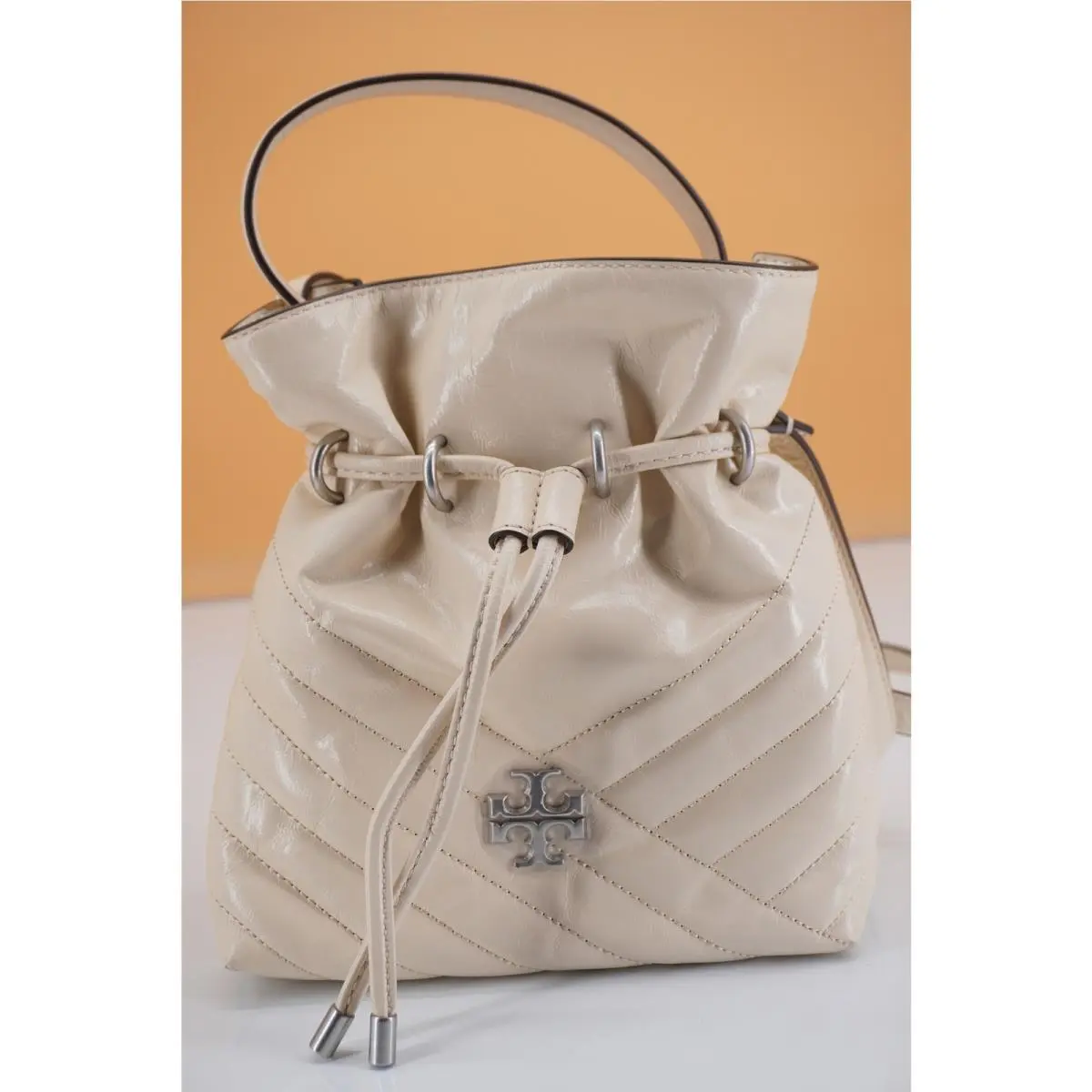Kira Chevron Textured Mini Bucket Bag Shoulder Cream by Tory Burch
