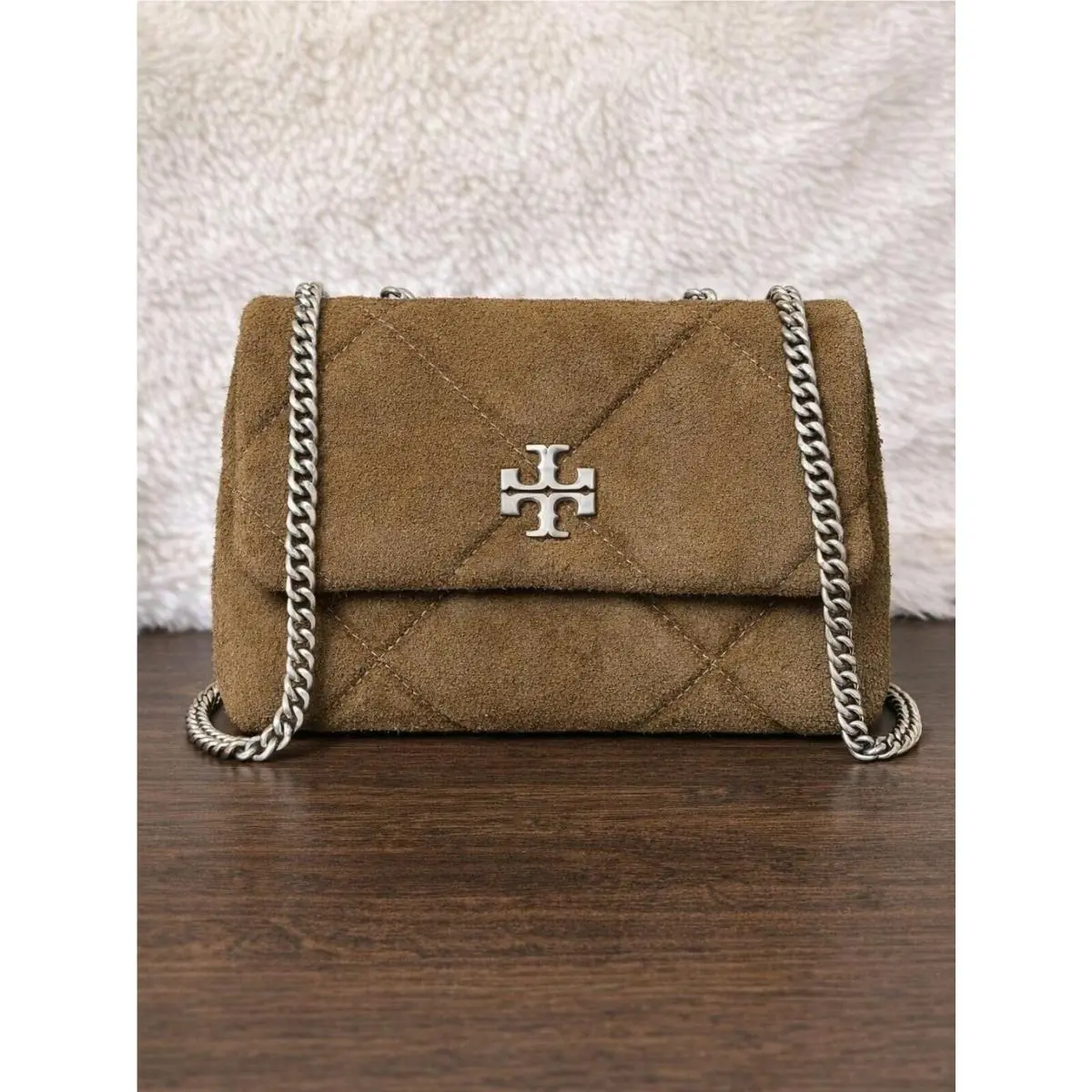 Kira Diamond Quilt Suede Shoulder Bag - Deep Olive by Tory Burch