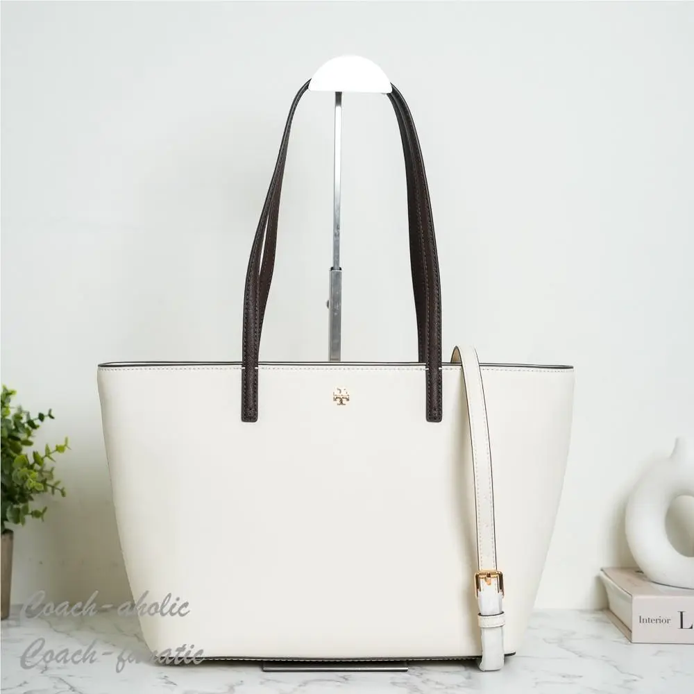 Tory Burch Top Zip Color-block Small Tote in Cold Brew/light Cream