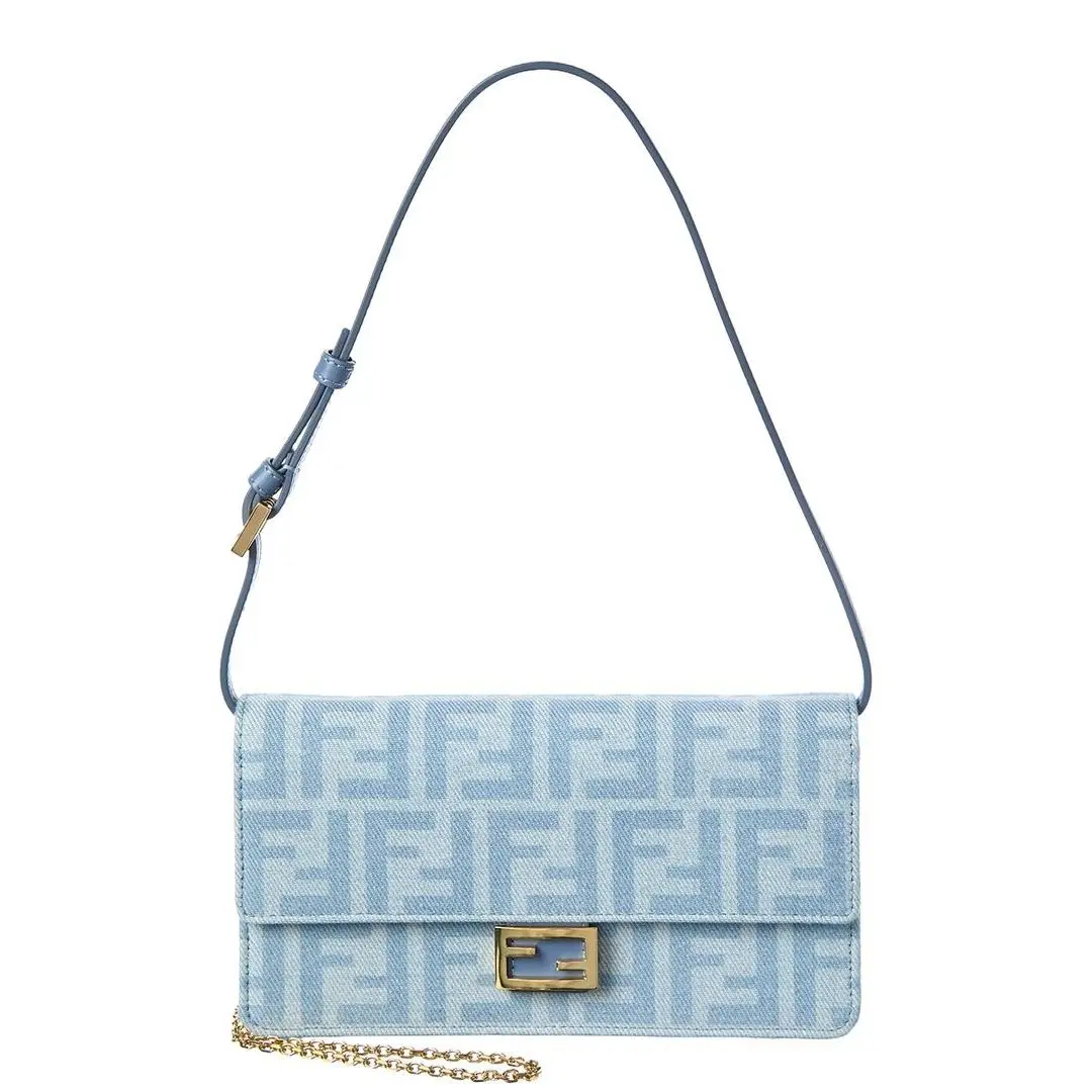Fendi Baguette Ff Denim Leather Wallet On Chain Women`s Blue