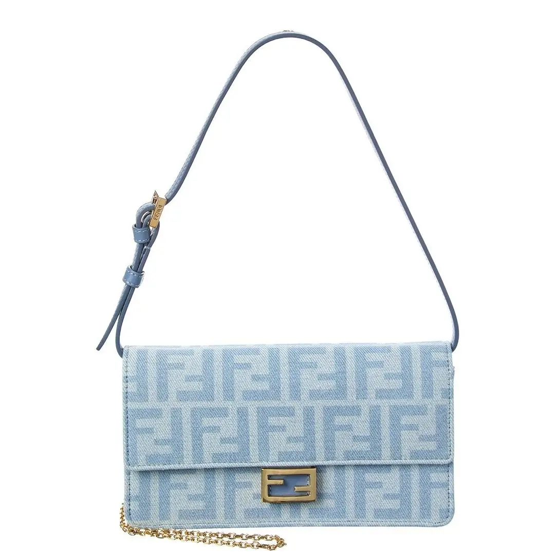 Fendi Baguette Ff Denim Leather Wallet On Chain Women`s Blue Ns