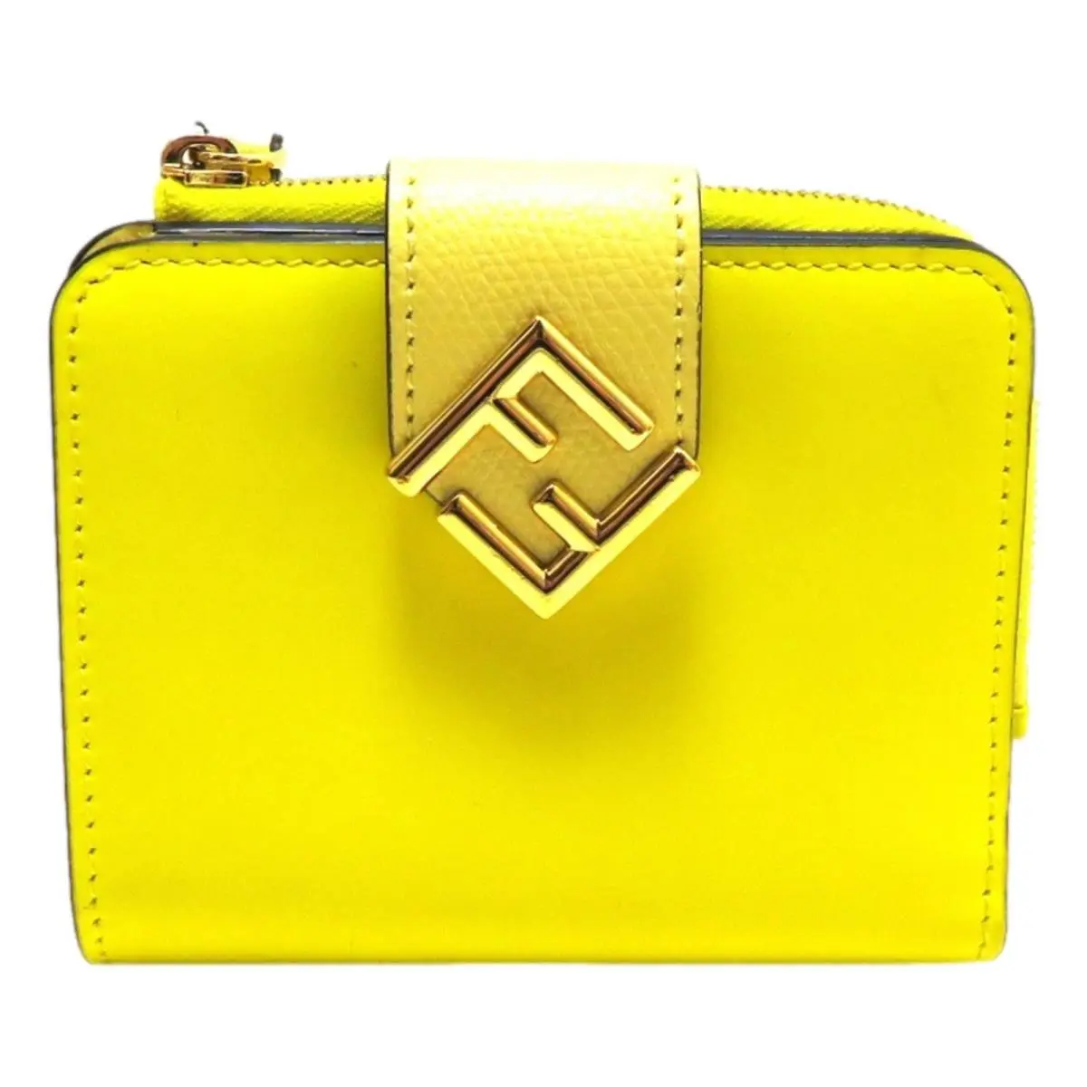 Fendi Diamonds Sorbetto Yellow Compact Zip Pocket Bifold Card Holder Wallet