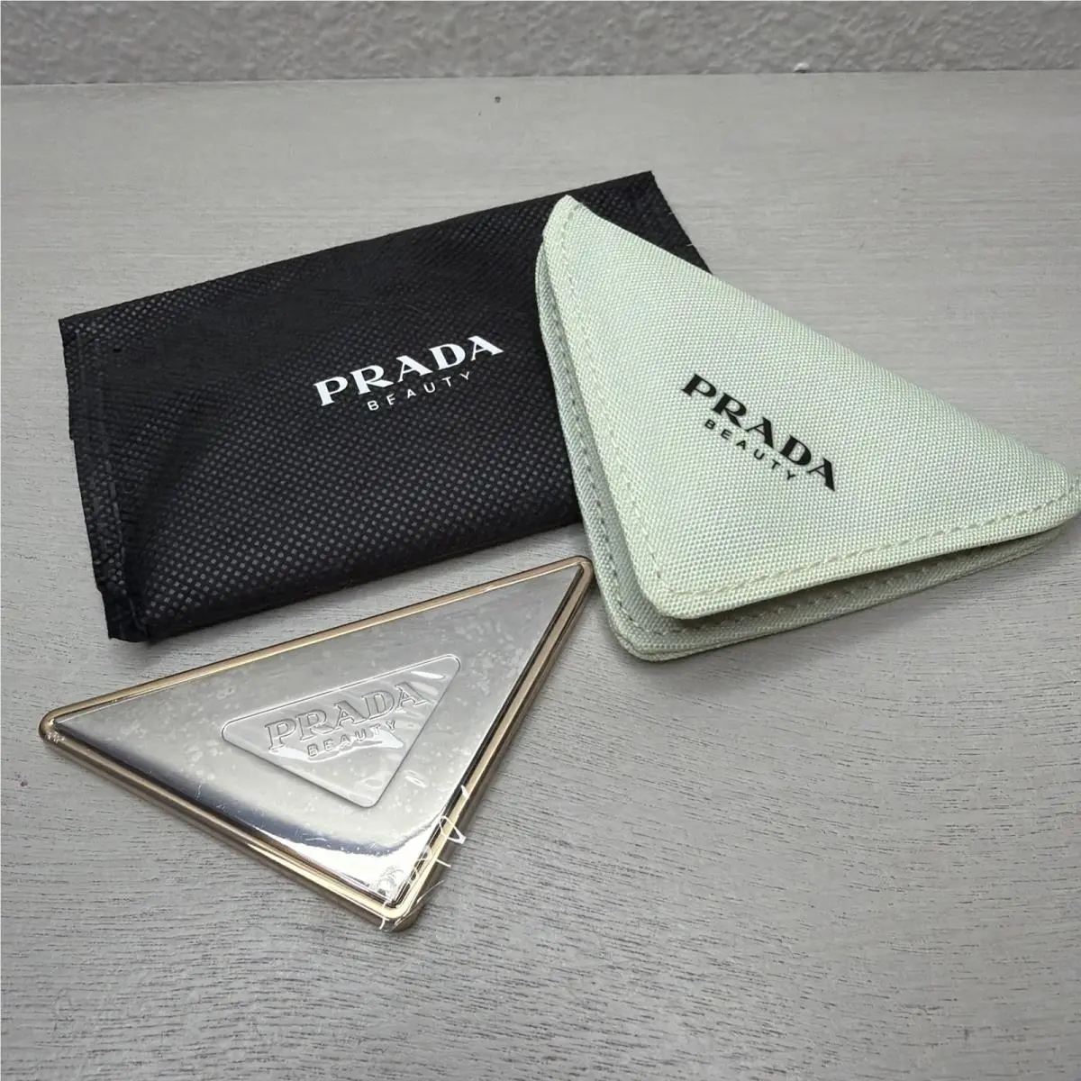 Prada Beauty Gold + Silver Folding Double Mirror Compact W/ Mint Green Pouch
