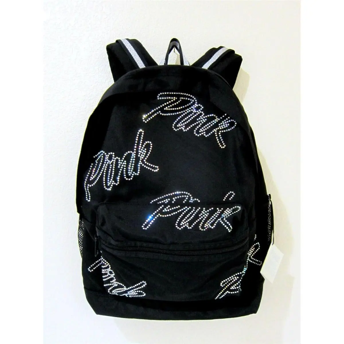 Bling Victoria Secret Pink Black Rhinestone Campus Backpack Book Bag Carryon