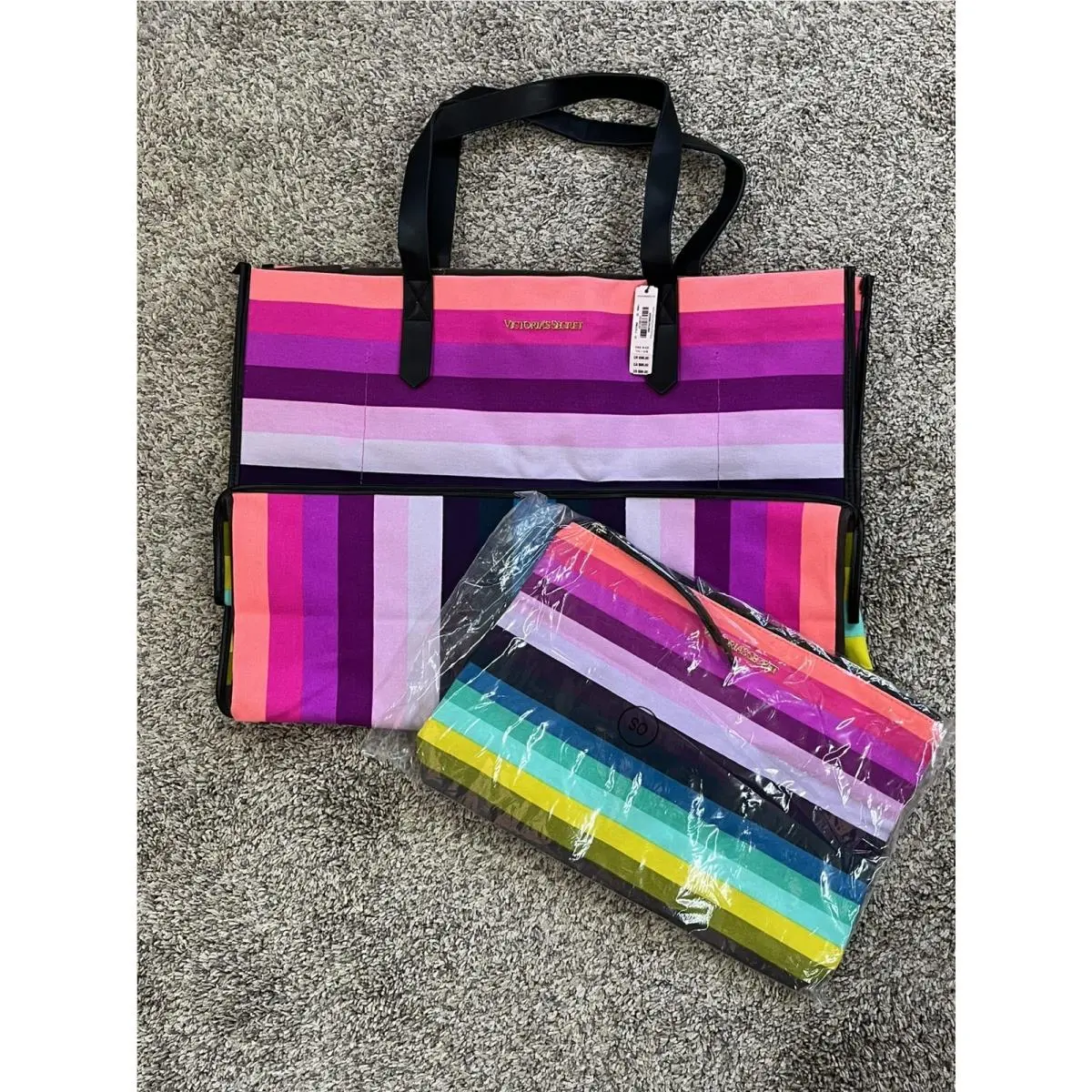 Victoria Secret Large Neon Rainbow Tote Bag with Mini Zipper Pouch by Victoria's Secret