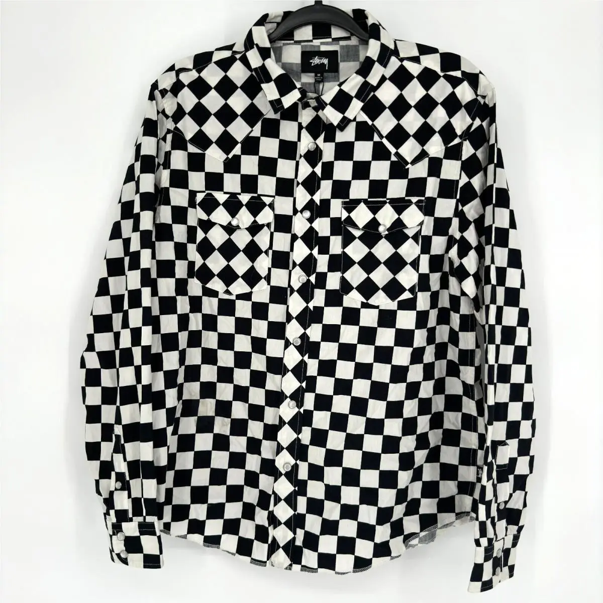 Stussy Checker Western Long Sleeve Pearl Snap Shirt Black White Size Medium