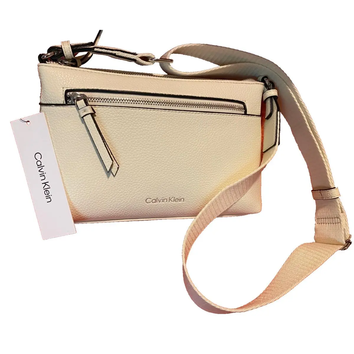 Calvin Klein Crossbody Purse Bag Front Zip Pocket Adjustable Strap Ivory