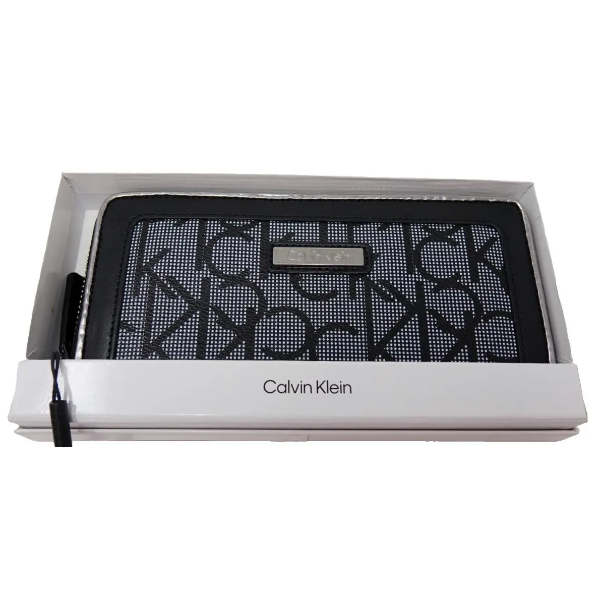 Women`s CK Logo Black White Zip Around Wallet + Gift Box by Calvin Klein